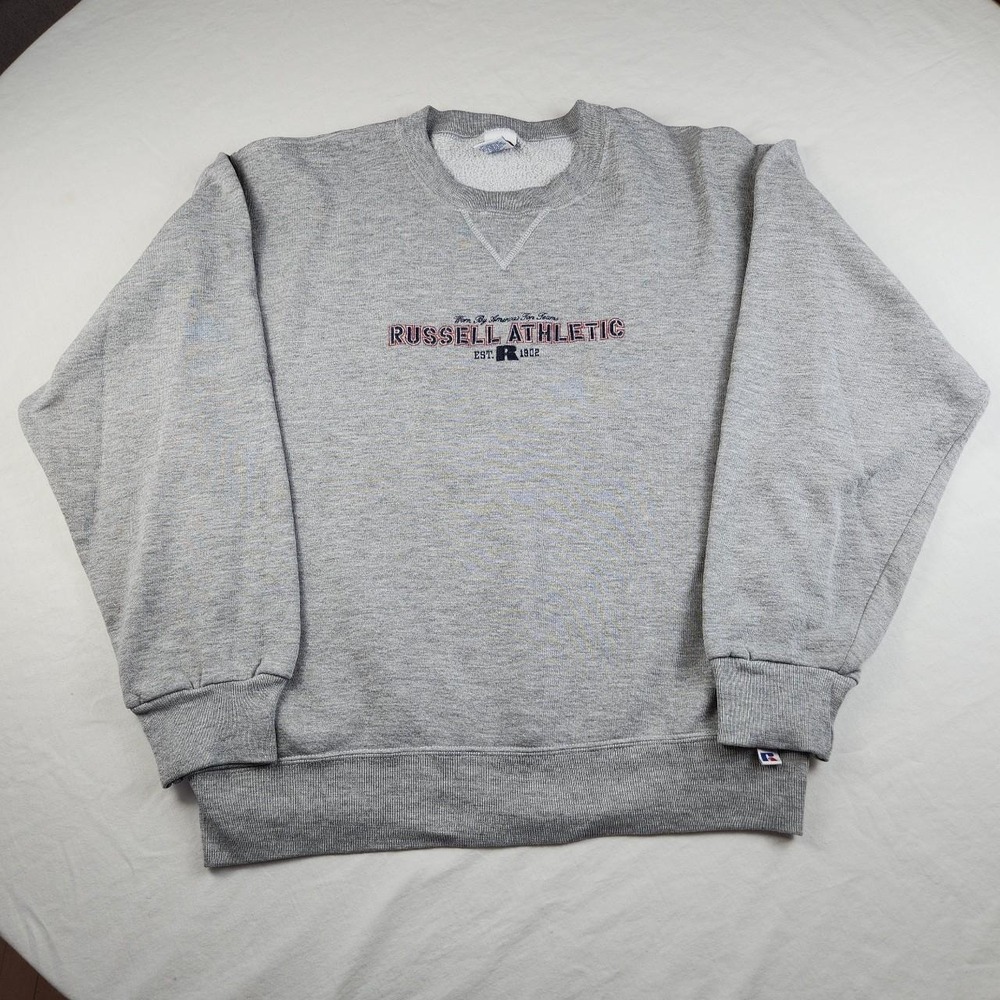 Vintage Russell Athletic Grey Crewneck Sweatshirt Mens Medium Y2K Embroidered